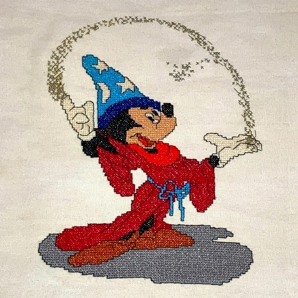 Mickey Mouse hand Embroidered Character Design on natural fabric. - vintage